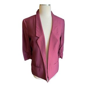 Lauren Conrad Women sz 4 Small Wine Open Front Career Blazer Ruched Sleeve